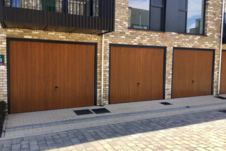 CDC GRP Garage Door Verwood Style in Honey Beech with anthracite grey frames and fully automated